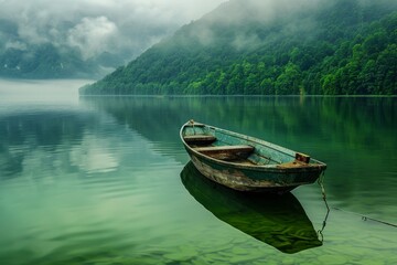 Naklejka na ściany i meble Boat on calm lake water with green trees in mist