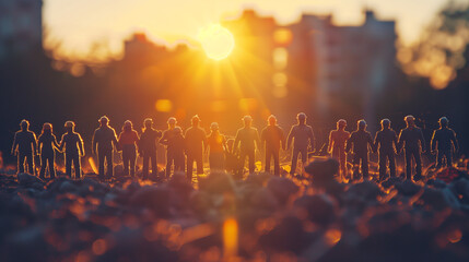 A group of small figurines stand closely together, creating a sense of community and unity among them - obrazy, fototapety, plakaty