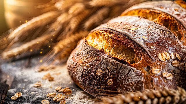 Artisanal bread with golden crust, representing bakery craftsmanship and rustic cuisine.
