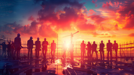 A diverse group of people, silhouetted against a vibrant sunset sky, stand side by side, admiring the beauty of the evening