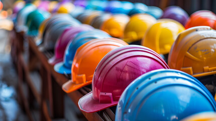 A vibrant assortment of hard hats stacked on top of each other, creating a striking and colorful tower - obrazy, fototapety, plakaty