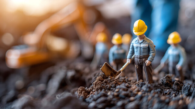 A group of miniature people bravely stand atop a large pile of dirt, appearing adventurous and determined to conquer their environment