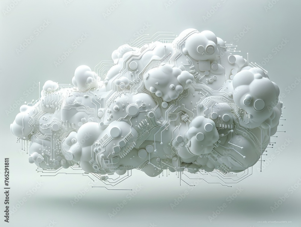 Poster monochrome technology cloud computing concept - depicting a 3d cloud made of circuitry and technolog