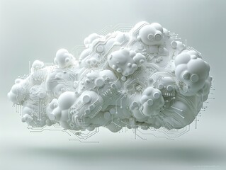 Monochrome technology cloud computing concept - Depicting a 3D cloud made of circuitry and technology elements, symbolizing cloud computing and data management