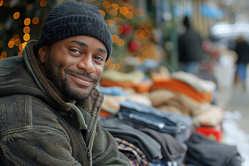 Man at a market, bundled in winter gear, smiling, with donated clothes, concept of homeless aid.
