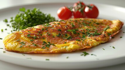 Perfectly prepared omelette with herbs - An expertly cooked omelette topped with chives and accompanied by fresh chives and tomatoes