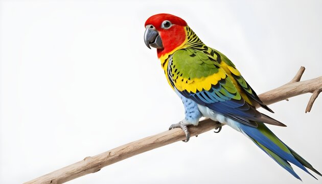 Beautiful colorful bird, Eastern Rosella Parrot perching on a branch on white background.