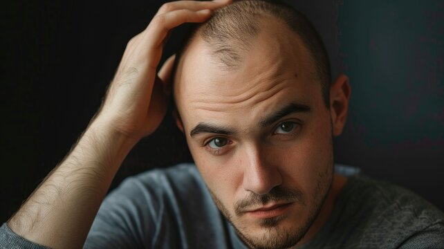 Pensive man with hand on balding head - Portrait of a young man with a balding head, looking pensive and concerned