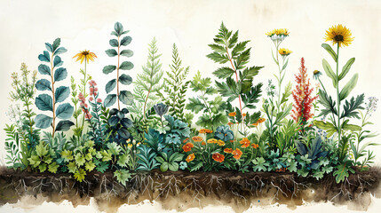 Watercolor illustration of diverse flora with detailed root systems, depicting the botanical beauty and ecological diversity of plants, perfect for environmental and educational themes.
 - obrazy, fototapety, plakaty
