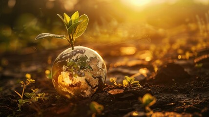 Sprouting plant from the globe on fertile soil - A symbolic representation of a young plant sprouting from a globe, signifying new life and hope on fertile land - obrazy, fototapety, plakaty