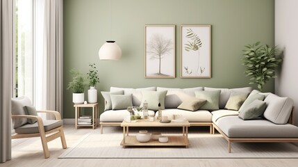 Modern elegant living room interior composition with sophisticated palette and background  - obrazy, fototapety, plakaty