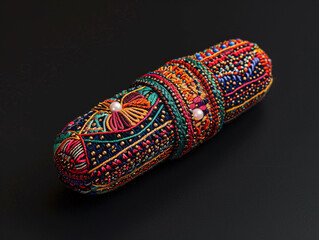 A pill-shaped object covered in intricate yarn patterns.