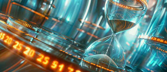 Futuristic hourglass with glowing neon lights illustrating time in a high-tech concept.