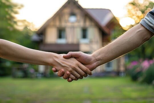 Two people shaking hands before a house - Warm image of two people shaking hands with a sunlit house in the background