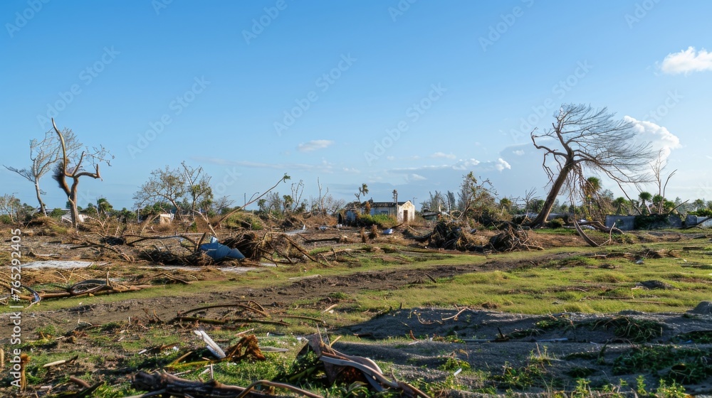 Poster a landscape with only twisted remnants of buildings and uprooted trees left standing a testament to 