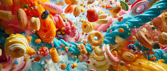 A whirlwind of snacks caught in a vibrant explosion scattering flavors across an unseen canvas.