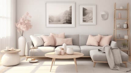 Modern elegant living room interior composition with sophisticated palette and background  - obrazy, fototapety, plakaty