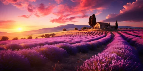 Foto op Canvas Lavender Field With Distant House Generative AI © j@supervideoshop.com