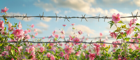 Barbed wire becomes a trellis for blooming flowers an image of hope and perseverance
