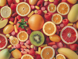Elegant pills scattered among a backdrop of fresh fruit cuts highlighting balanced nutrition. - obrazy, fototapety, plakaty