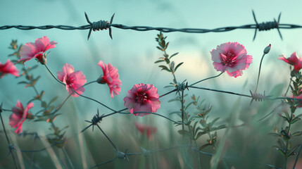 Flowers with barbed wire, a surreal union of flora and fortitude.
