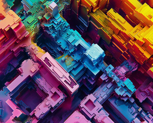 Colorful abstract geometric shapes creating a three-dimensional cityscape visualization.