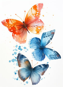 butterflies are painted in blue, orange and red, watercolor painting