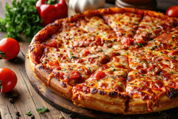 Chicago Deep Dish Pizza served on a wooden board from the brick oven