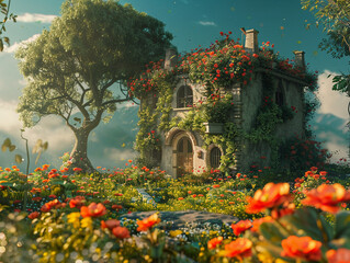 Enchanting stone house covered in red flowers amidst blooming rose garden under a dreamy sky.