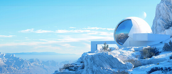 White minimalist streamlined observatory on a mountaintop with oversized windows facing the azure expanse.