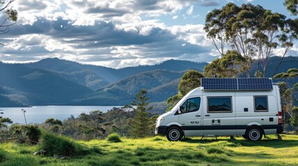 A campervan parked in a picturesque location with a solar panel array installed on its rooftop providing sustainable electricity for . AI generation. - obrazy, fototapety, plakaty