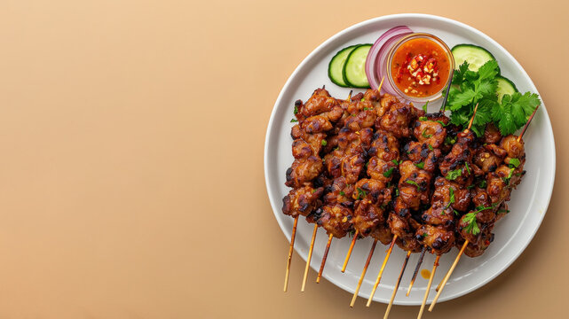 Top view of asian traditional satay isolated on beige background