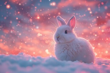 A lone crystal rabbit gazing at the fantasy sky, surrounded by magical auroras
