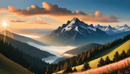 Tableaux ronds sur plexiglas Anti-reflet Matin avec brouillard sunrise over the mountains