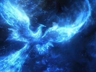 Ethereal ice phoenix in midrebirth, crystalline feathers glistening under moonlight