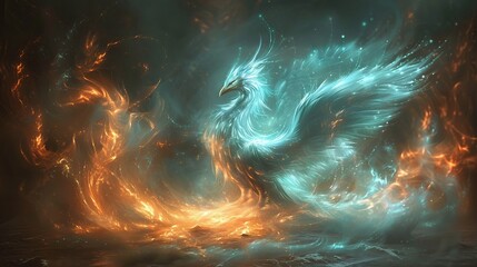 Ethereal ice and fire phoenix in midrebirth, crystalline feathers glistening under moonlight