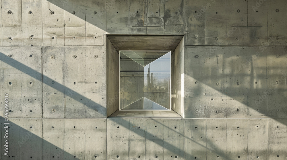 Poster an abstract art installation features a clear glass cube embedded within a solid concrete wall symbo