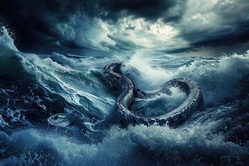 Silent silver serpent beneath the stormy sea, elegance amidst the chaos of nature