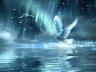 Obraz na płótnie Canvas ice phoenix flying beneath the aurora borealis, a dance of light and frost