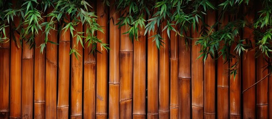 A picket fence made of bamboo with green leaves hanging from it, blending beautifully with the...