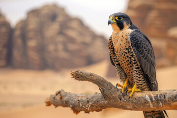 Peregrine falcon perched on a branch with focused eyes looking for prey