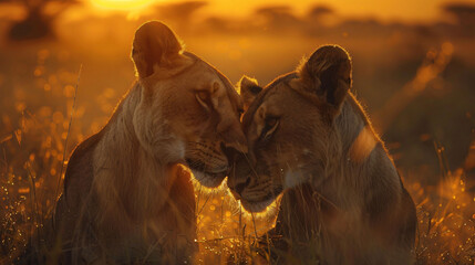 Two lions nuzzle at sunset in the wild, concept: wildlife bonding and natural beauty.
 - obrazy, fototapety, plakaty