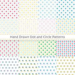 手書きのドットと円のパターンセット、シンプルな円形模様の背景素材、シームレスパターン	