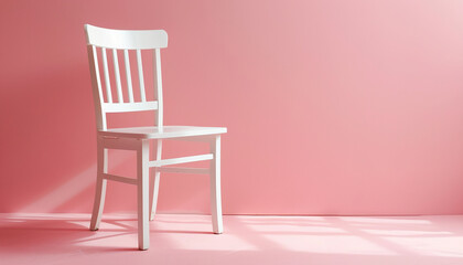 White wooden chair with pink wall background and natural sunlight.