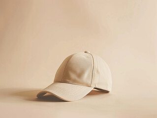 Beige baseball cap on minimalist plain background.