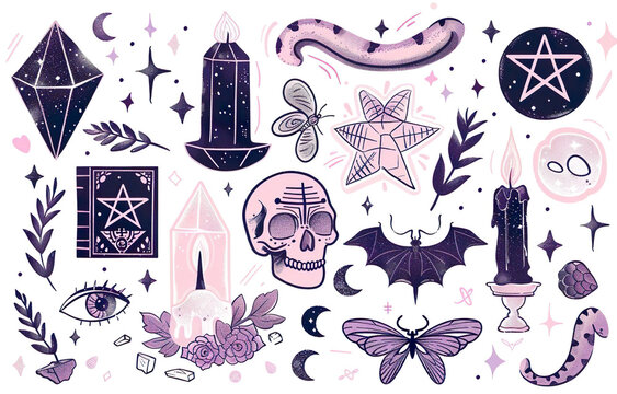 Whimsical Pastel Goth Stickers: Cute Vector Illustrations Of Witchy Items And Celestial Shapes On White Background