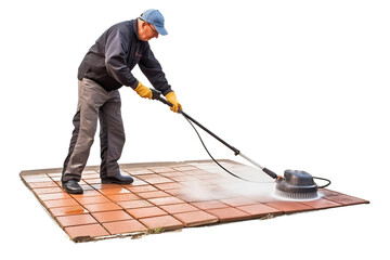 In this scene, a person operates a leaf blower to clear leaves from a garage, isolated on a pristine white backdrop, symbolizing tidiness and maintenance in outdoor spaces.