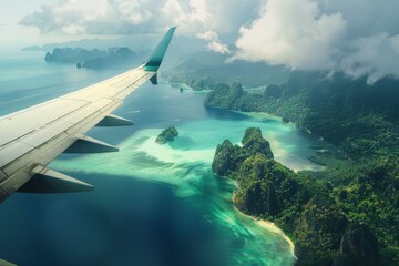 Naklejka premium Airplane flying over tropical islands.
