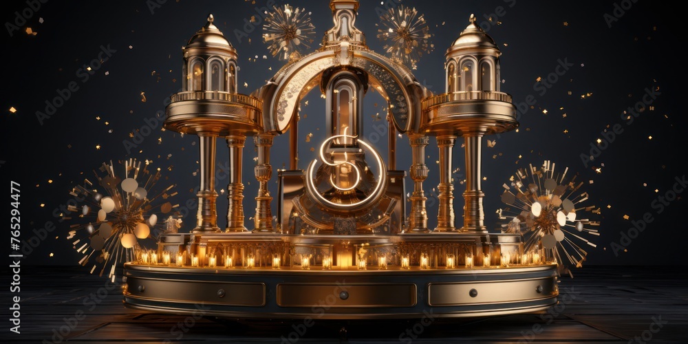 Poster golden clock surrounded by fireworks on black background generative ai