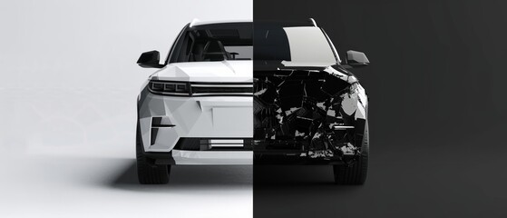 Unbranded sport car before and after auto crash. Vehicles deformation. Automotive Crash Test, Safety Concept. Space for text.